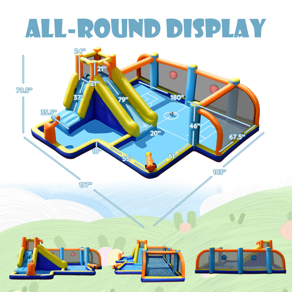 Giant inflatable water slide dimensions and layout for soccer-themed fun, designed for safe play with interactive.