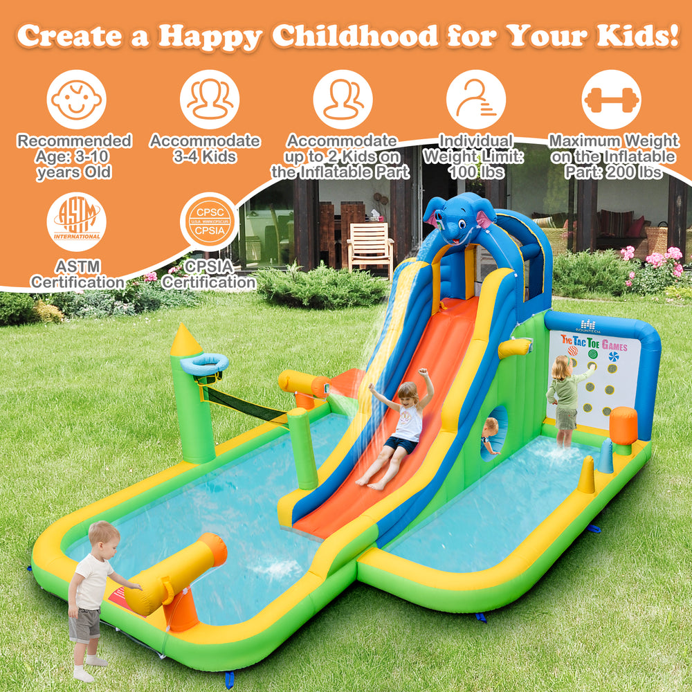 Giant inflatable water slide park for kids featuring dual slides, climbing wall, and water cannons for backyard fun.