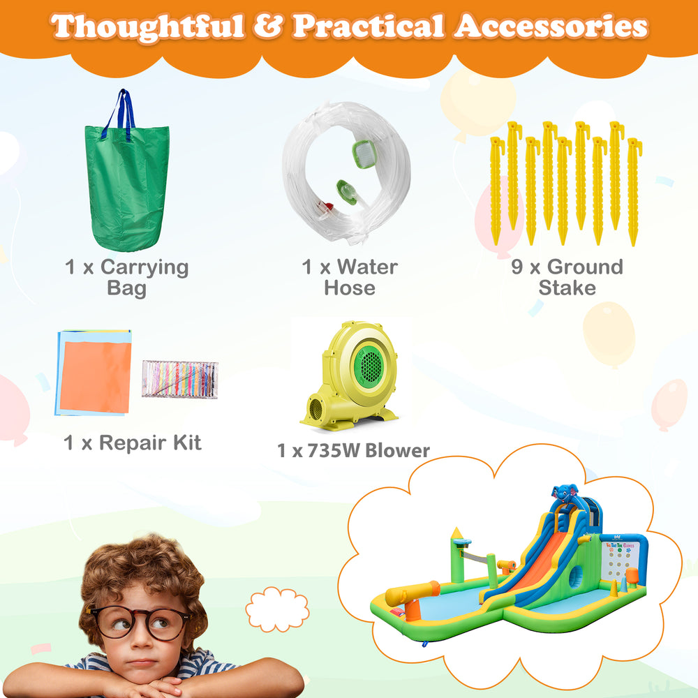 Inflatable water slide with climbing wall, volleyball area, and 735W blower for kids' backyard fun and summer play.