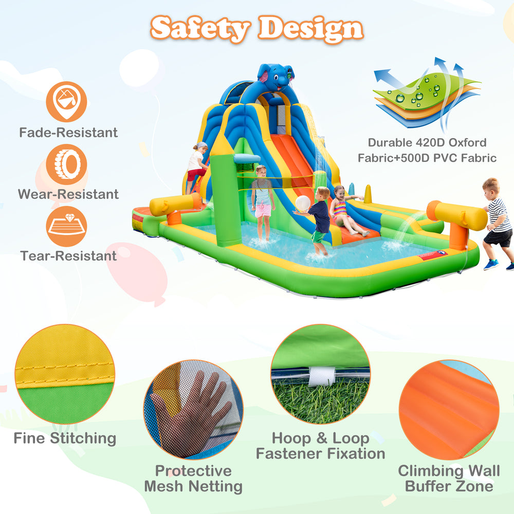 Inflatable water slide with durable Oxford fabric, protective mesh netting, and climbing wall for backyard fun.