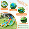 Inflatable water slide with climbing wall, dual water cannons, and volleyball area for kids' backyard fun.