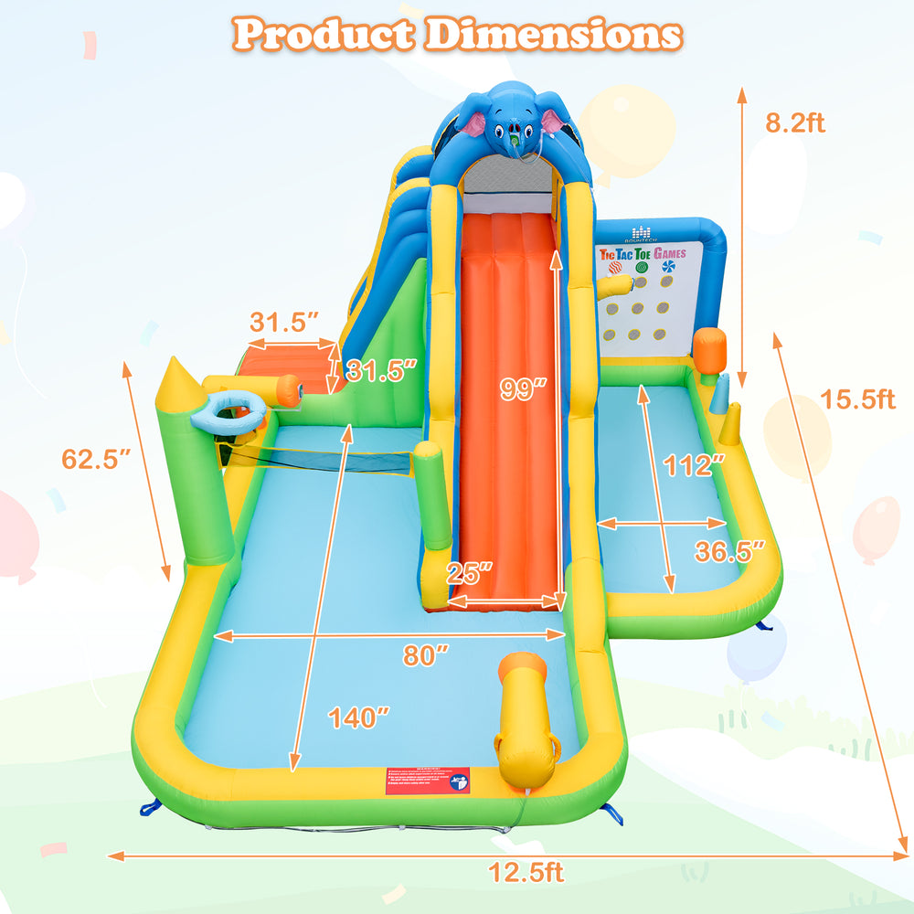 Inflatable Water Slide dimensions showing 9-in-1 features for kids, including climbing wall, water slide, and.