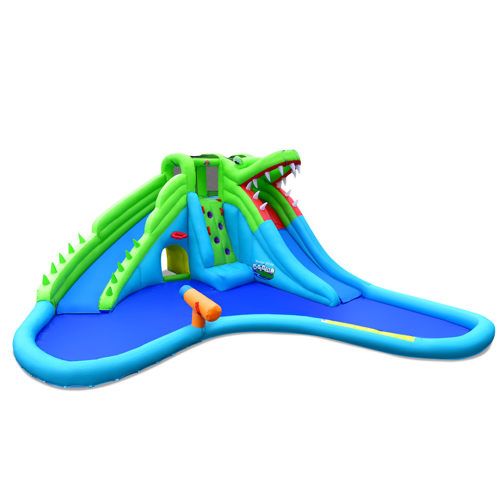 Colorful 7-in-1 inflatable bounce house with water slide, climbing wall, and splashing pool for outdoor fun.