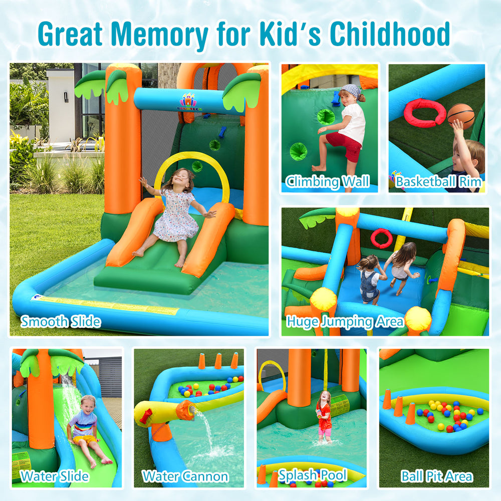 Inflatable water slide park featuring a smooth slide, climbing wall, and splash pool for kids' summer fun.