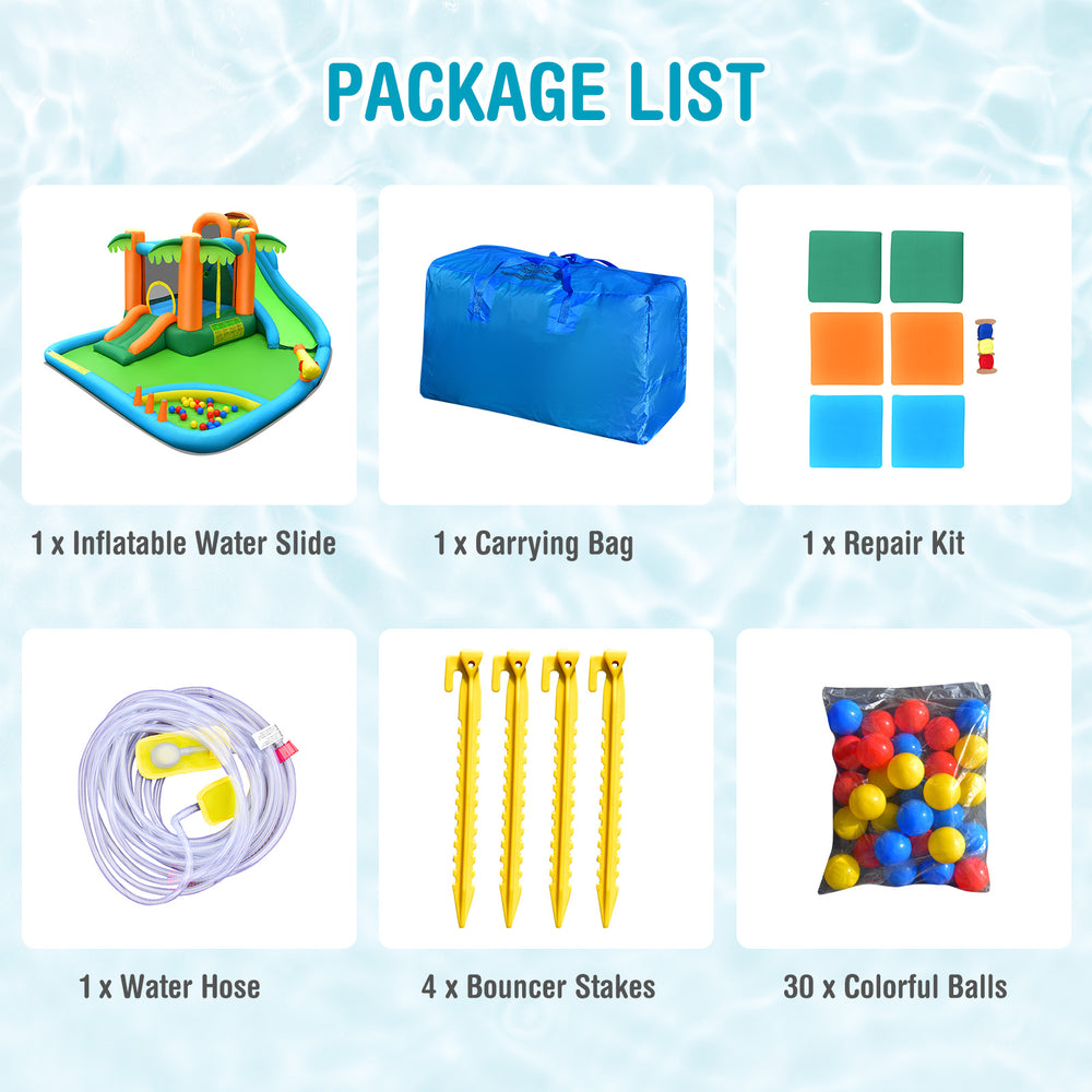 Inflatable water slide park with trampoline, splash pool, and climbing wall, made of durable waterproof Oxford cloth.