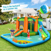 Inflatable water slide park featuring two slides, splash pool, and climbing wall, perfect for backyard fun with kids.