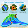 Inflatable crocodile water slide with double slides, climbing wall, and splashing pool for outdoor fun and games.