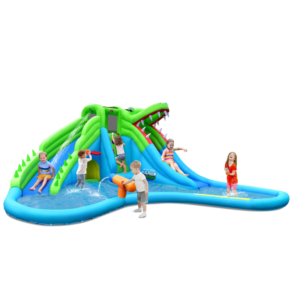 Colorful 7-in-1 inflatable bounce house with double slides, climbing wall, and splashing pool for outdoor fun.