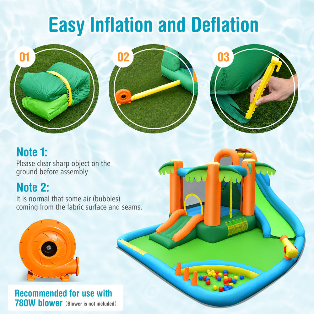 Inflatable water slide park featuring palm trees, slide, splash pool, and climbing wall for kids' summer fun.