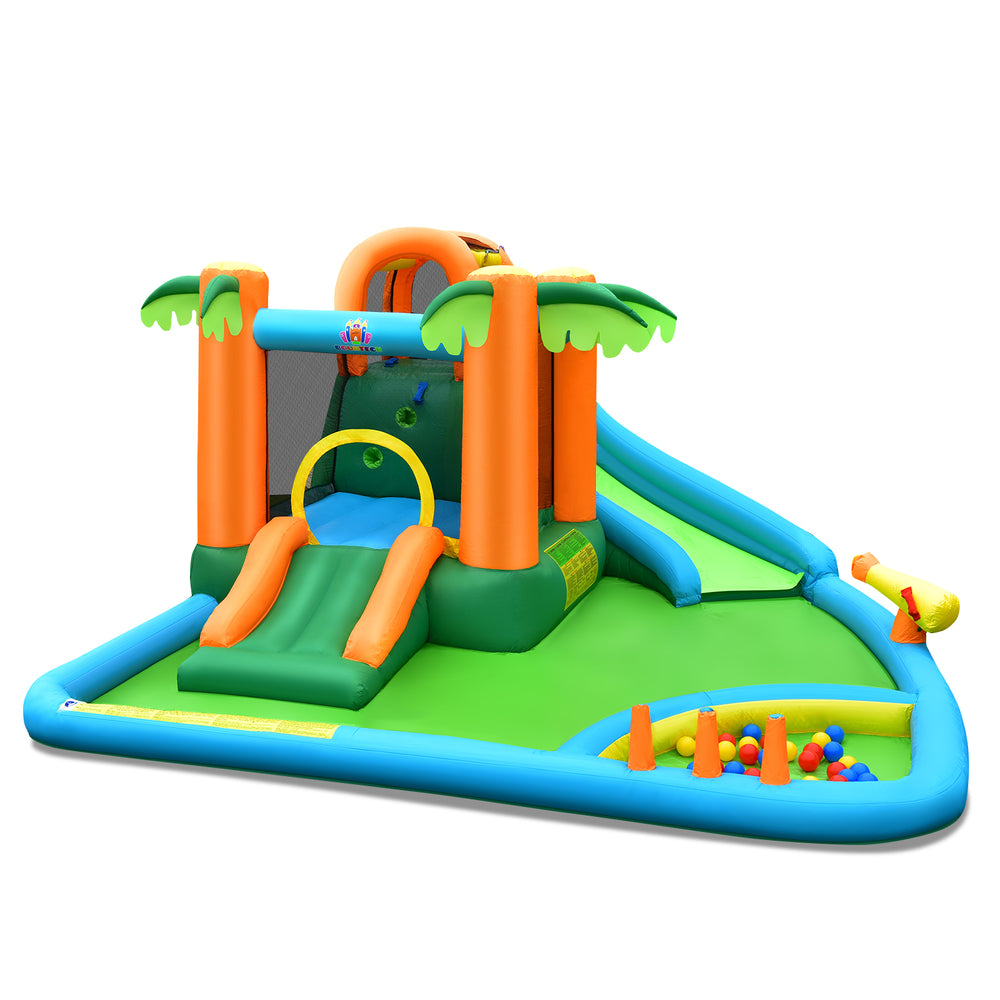Inflatable water slide park featuring two slides, trampoline, and splash pool, perfect for backyard fun for kids.