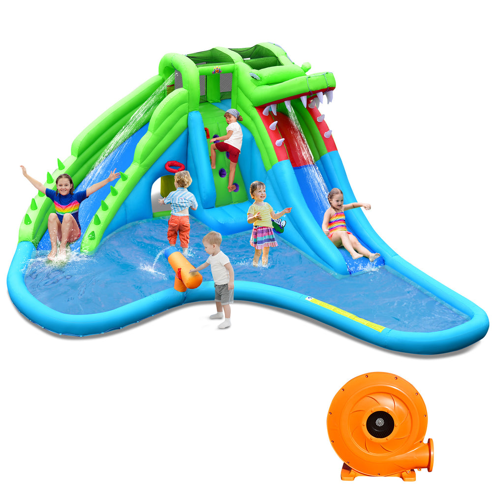 Inflatable crocodile-style water slide with double slides, climbing wall, and splashing pool for outdoor fun.