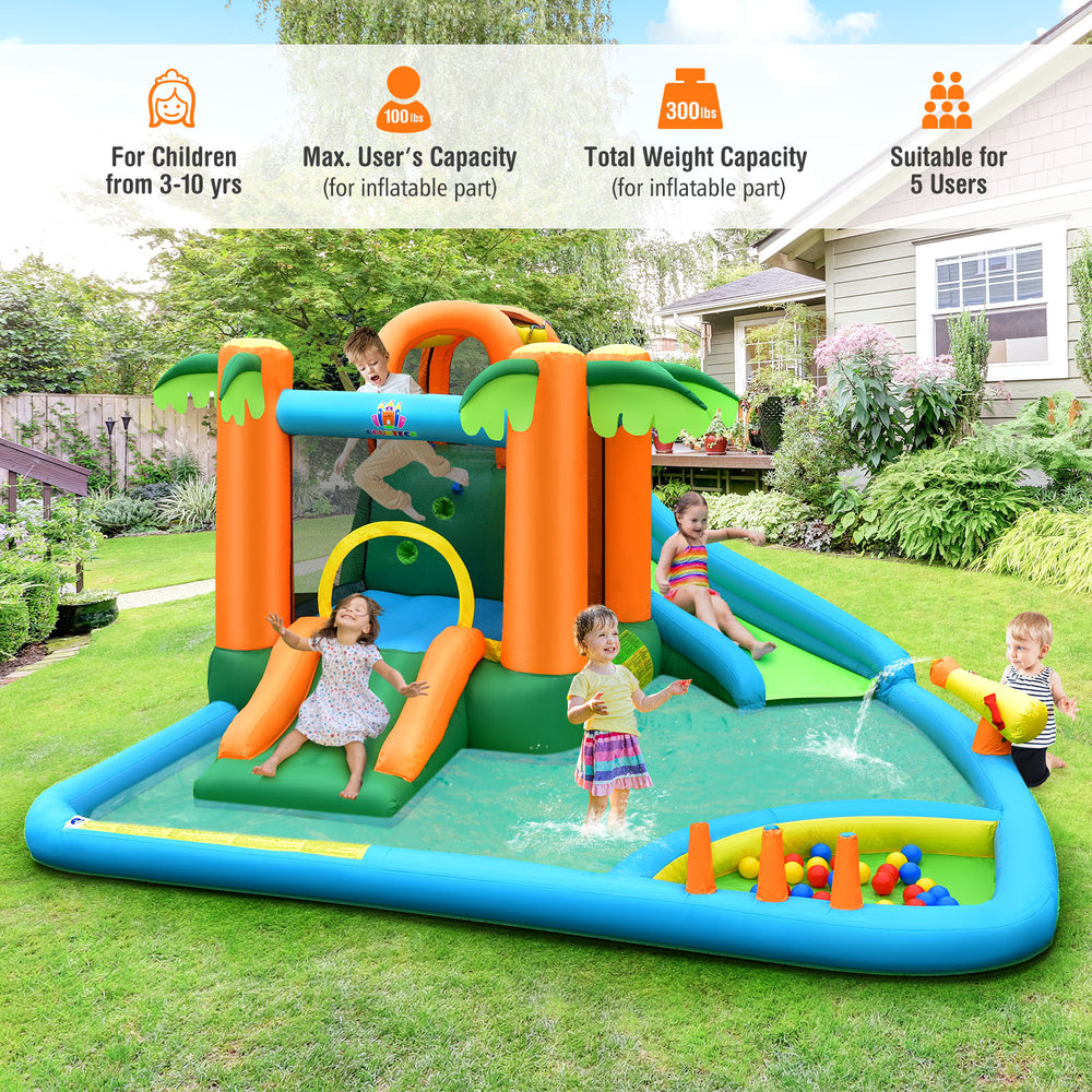 Inflatable water slide park featuring palm trees, two slides, and splash pool for 5 kids aged 3-10 years.