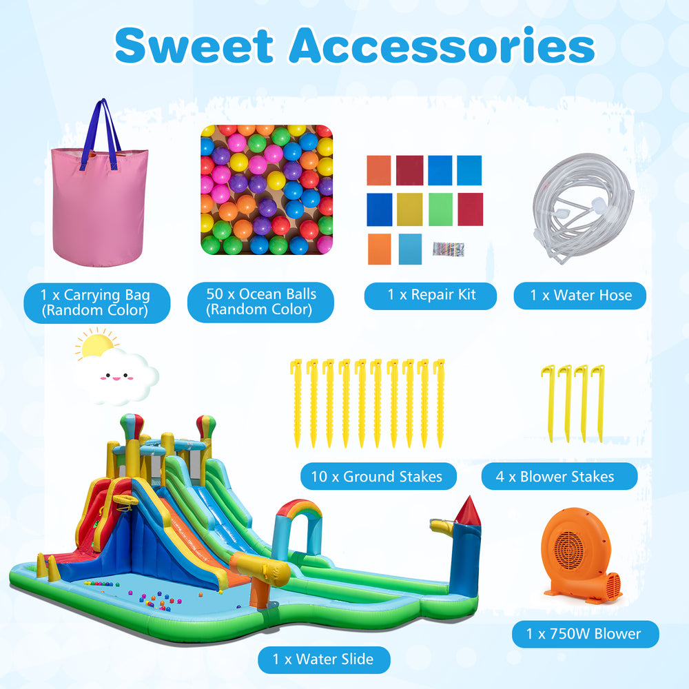 Carrying bag and accessories for the Inflatable Water Slide Park, including repair kit, water hose, and ground stakes.