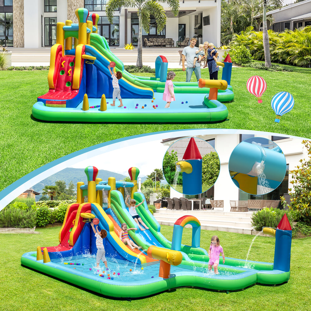 Giant inflatable water slide park with dual slides, splash pool, and climbing wall for backyard summer fun.