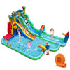 Giant inflatable water slide park with double slides, splash pool, and basketball hoop for summer fun in the backyard.