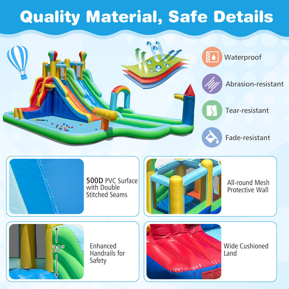Giant inflatable water slide park with splash pool, double slides, and safety features for backyard summer fun.