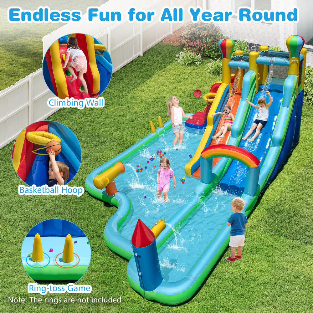 Giant inflatable water slide park featuring double slides, climbing wall, and splash pool for summer fun in the.