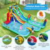 Giant inflatable water slide park with double slides, splash pool, and water cannon for summer fun in the backyard.