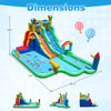 Inflatable water slide park dimensions with large splash pool, double slides, and climbing wall for summer fun.