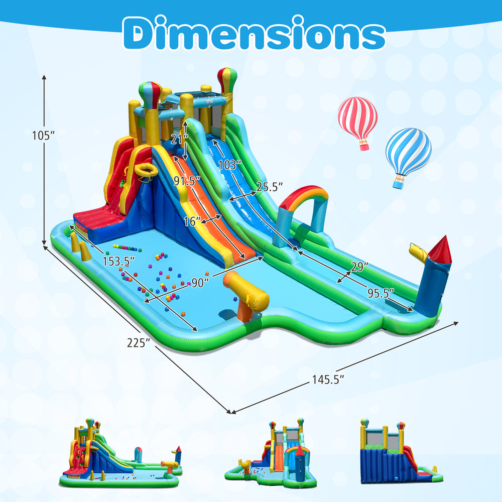 Inflatable water slide park dimensions with large splash pool, double slides, and climbing wall for summer fun.