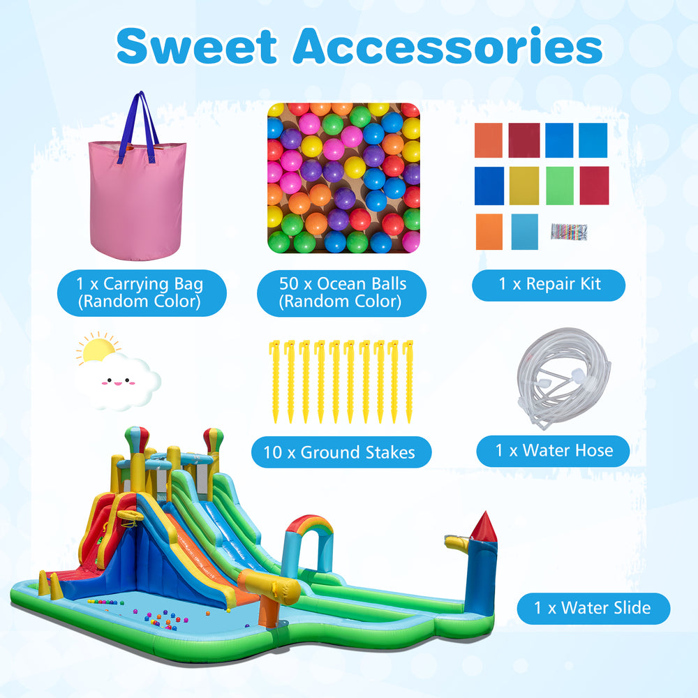 Inflatable water slide park with double long slides, splash pool, and climbing wall for summer fun and backyard.