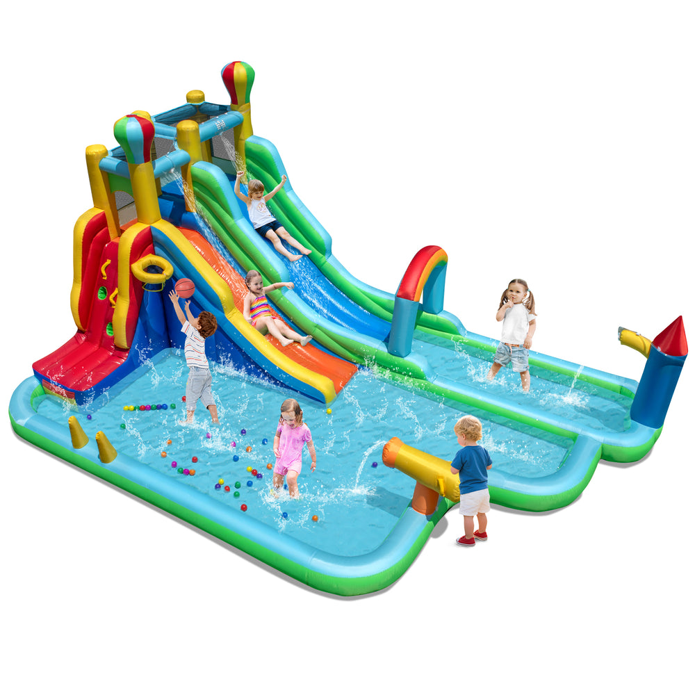 Giant inflatable water slide park featuring double slides, splash pool, and climbing wall for summer fun and.