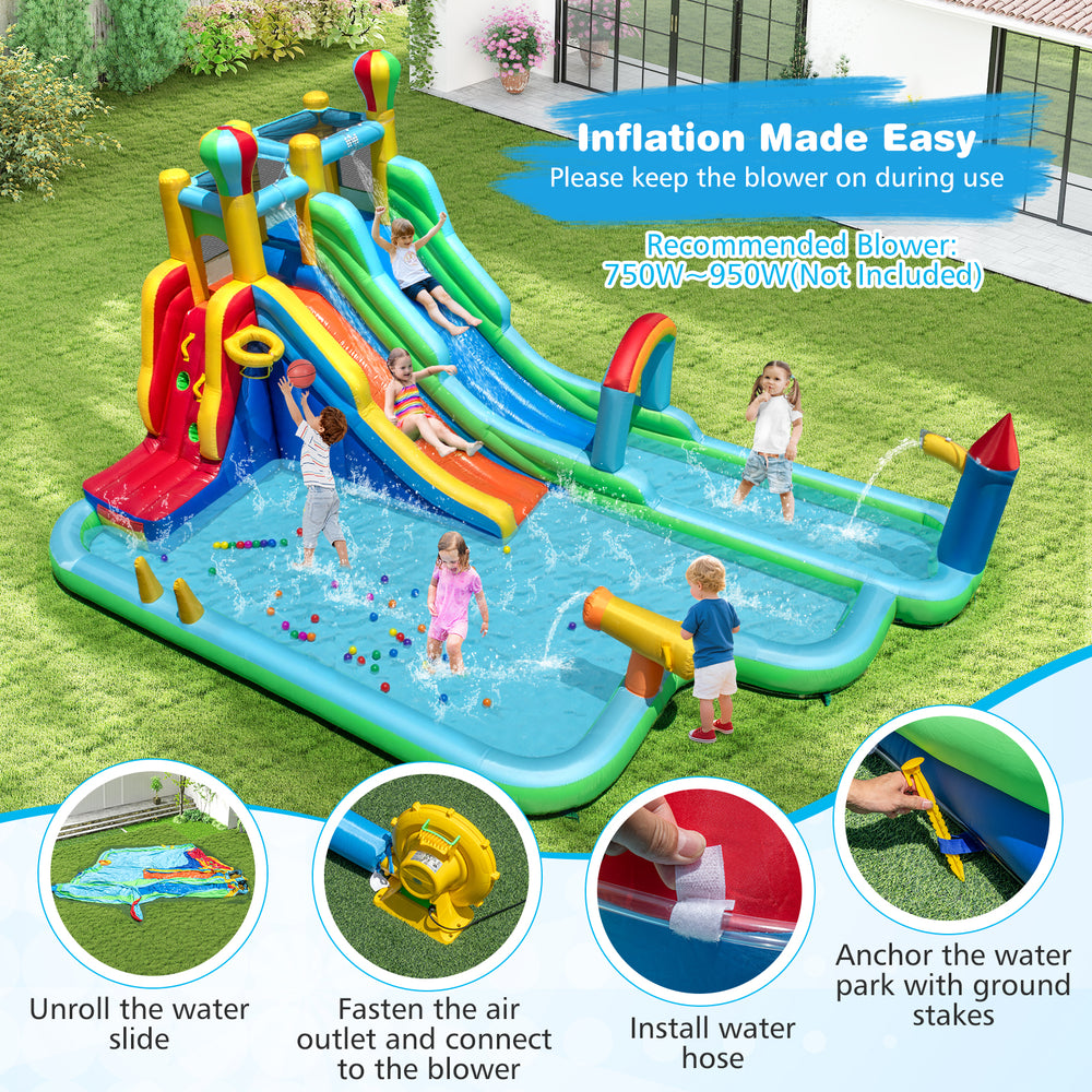 Giant inflatable water slide park with double long slides, splash pool, and climbing wall for summer fun in the.