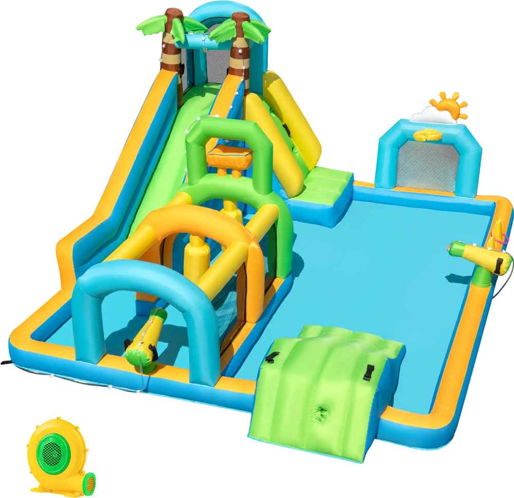 Inflatable Water Slide Tropical Theme Dual Slide Aqua Park with 680W Blower