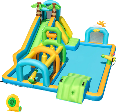 Costway Tropical Inflatable Water Slide Dual Slide Aqua Park w/ 680W Blower 942387156 New