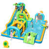 Tropical-themed inflatable water slide park with dual slides, splash pool, and fun obstacles for kids' outdoor play.