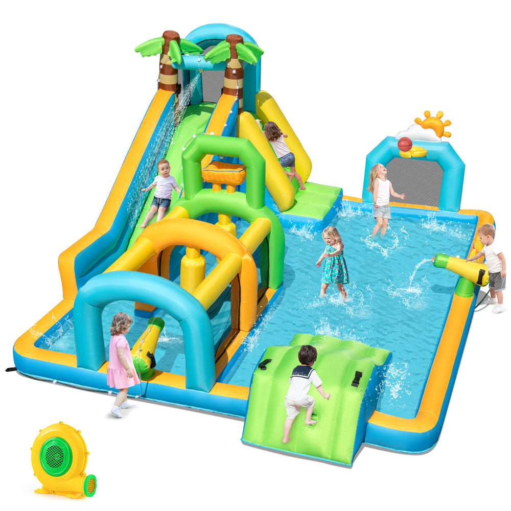 Tropical-themed inflatable water slide park with dual slides, splash pool, and fun obstacles for kids' outdoor play.
