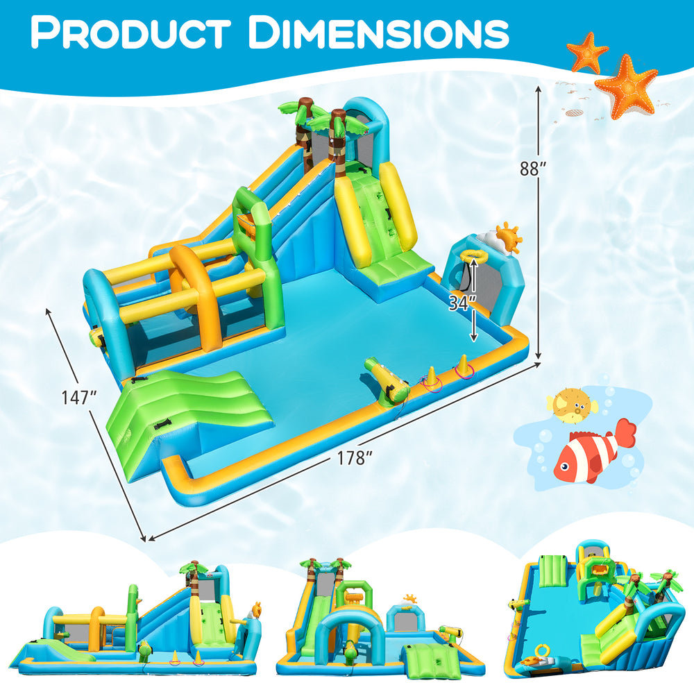 Inflatable water slide with dual slides, splash pool, and fun obstacles for outdoor play and parties, measuring 147" x.