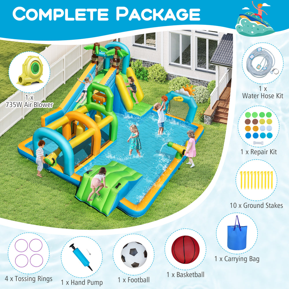 Inflatable water slide aqua park with dual slides, splash pool, and 735W blower for outdoor fun and games.