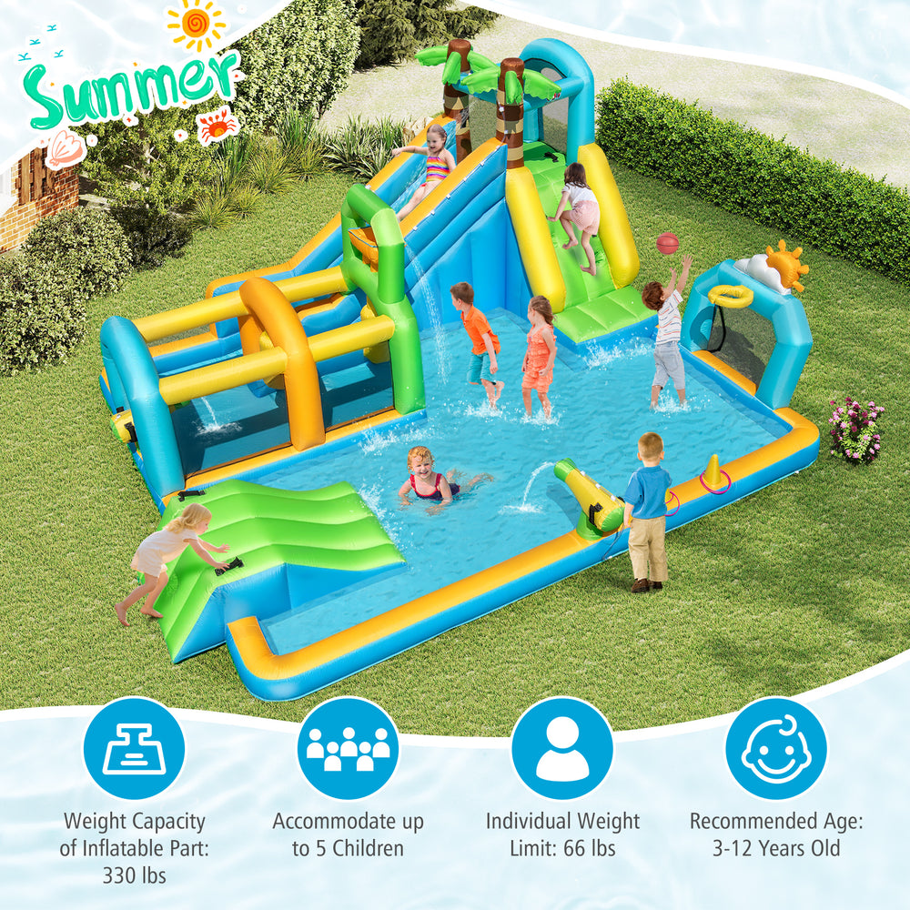 Inflatable water slide with dual slides and splash pool, featuring tropical theme, for kids' outdoor fun and safety.