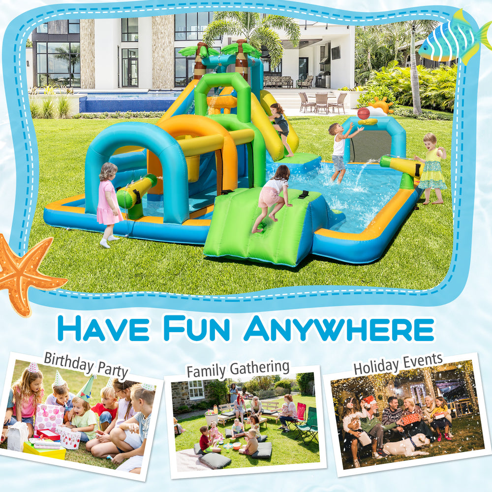 Inflatable water slide aqua park with dual slides, splash pool, and water cannons for birthday parties and family.