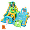 Inflatable tropical water slide park with dual slides, splash pool, and fun obstacles for kids' outdoor play.