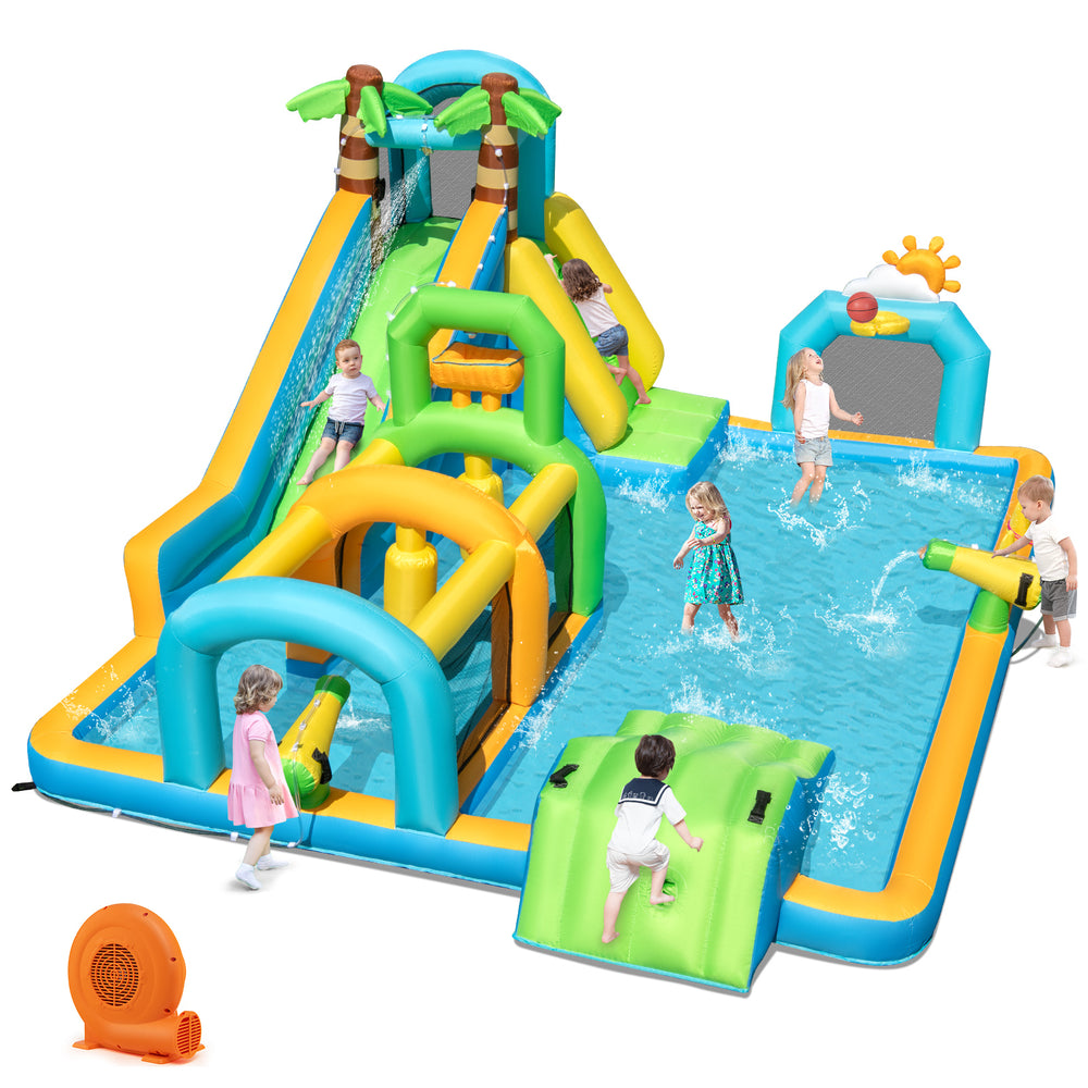 Inflatable tropical water slide park with dual slides, splash pool, and fun obstacles for kids' outdoor play.