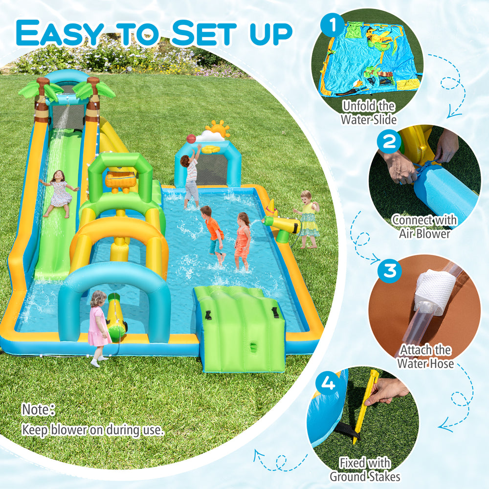 Inflatable water slide with dual slides, splash pool, and obstacles, perfect for outdoor fun and parties.