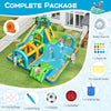 Inflatable tropical water slide park with dual slides, splash pool, and 750W blower, perfect for summer fun.