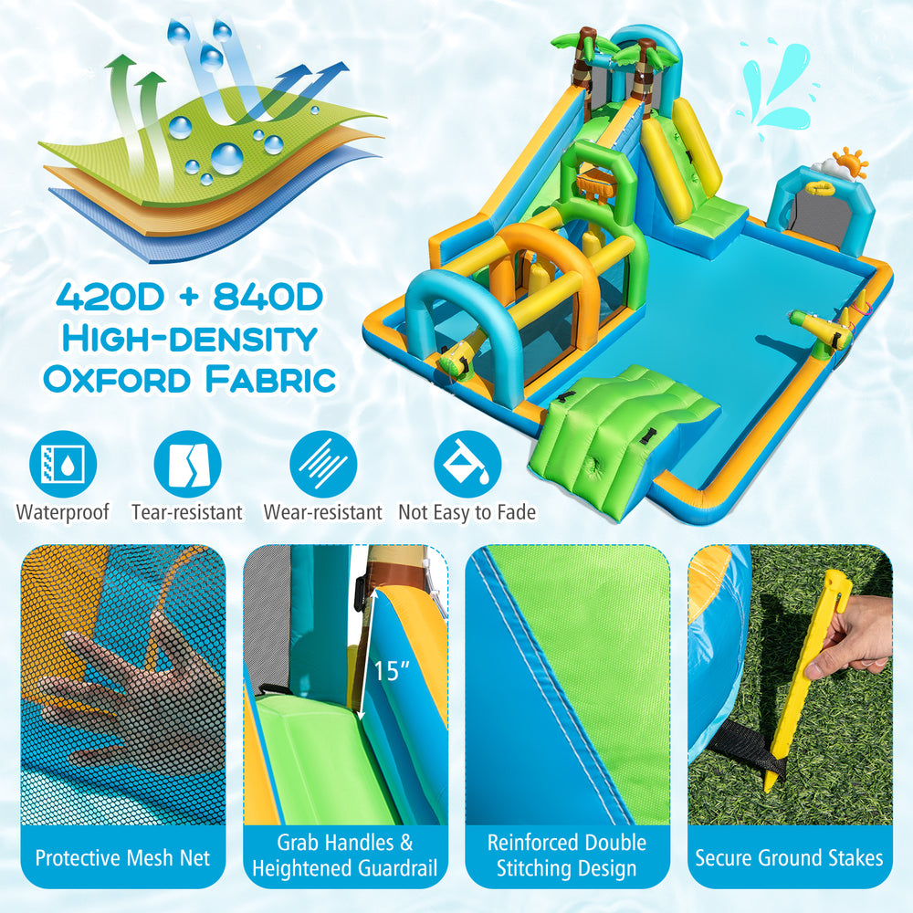 Inflatable water slide with dual slides, 750W blower, and 420D+840D Oxford fabric for backyard fun and safety.