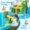 Challenging tunnel with fun obstacles and cool spray features in the inflatable water slide aqua park for summer fun.