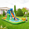 Colorful inflatable water slide with splash pool and climbing wall, perfect for outdoor summer fun and kids' activities.