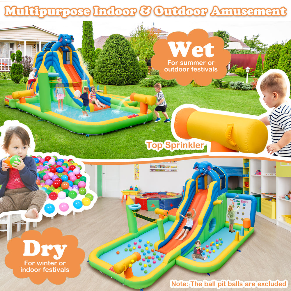 Inflatable water slide with splash pool and climbing wall, made of durable Oxford and PVC fabric, for summer fun.