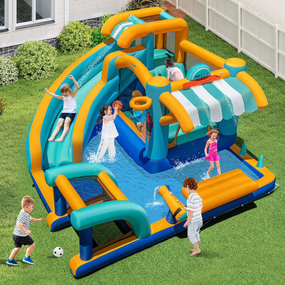 Colorful inflatable water slide bounce house with pool, slides, and games for kids' outdoor fun and play.