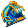 Colorful inflatable water slide bounce house with curved slide, pool, and snack counter for kids' outdoor fun.