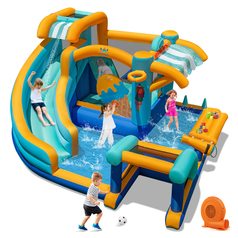 Colorful inflatable water slide bounce house with pool, slide, and games for kids' outdoor fun and play.