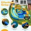 Inflatable water slide bounce house with snack counter, featuring a curved slide and spacious pool for kids' fun.