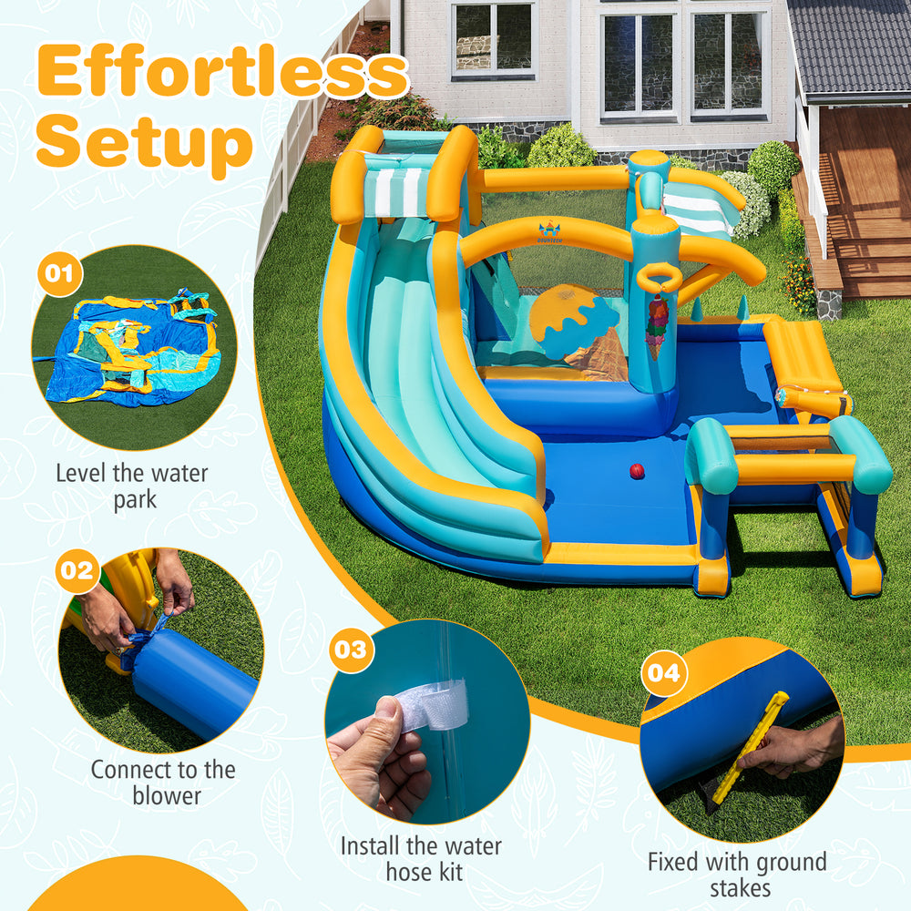 Inflatable water slide bounce house with snack counter, featuring a curved slide and spacious pool for kids' fun.