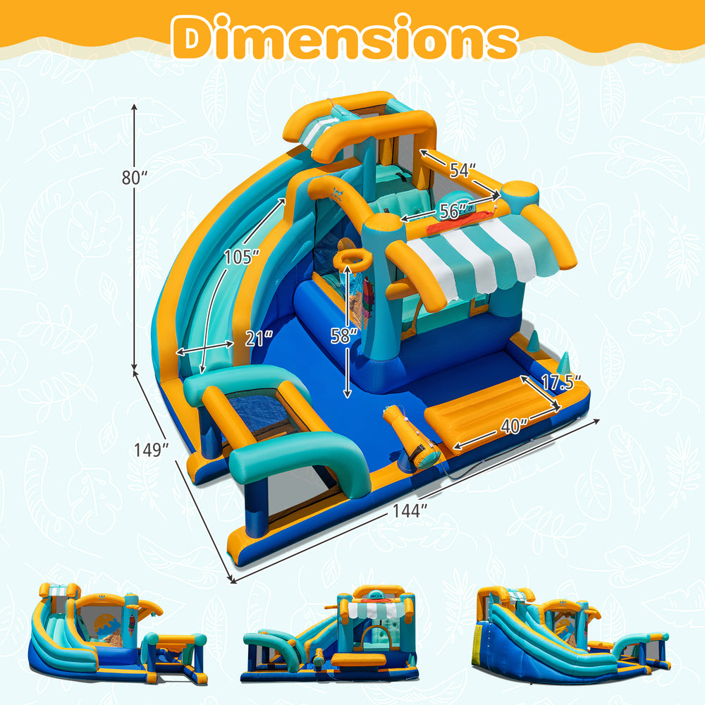Inflatable water slide bounce house with snack counter, curved slide, and pool, perfect for kids' outdoor fun.