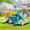 Inflatable water slide with dual slides, splash pool, and climbing wall for outdoor fun and summer play.